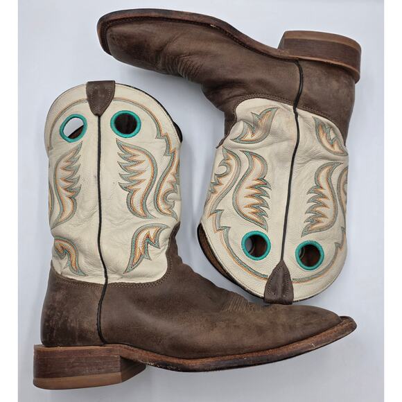Justin Mens Western Boots 10D Brown Cowhide Double Stitched Wide Square Toe - Picture 1 of 10